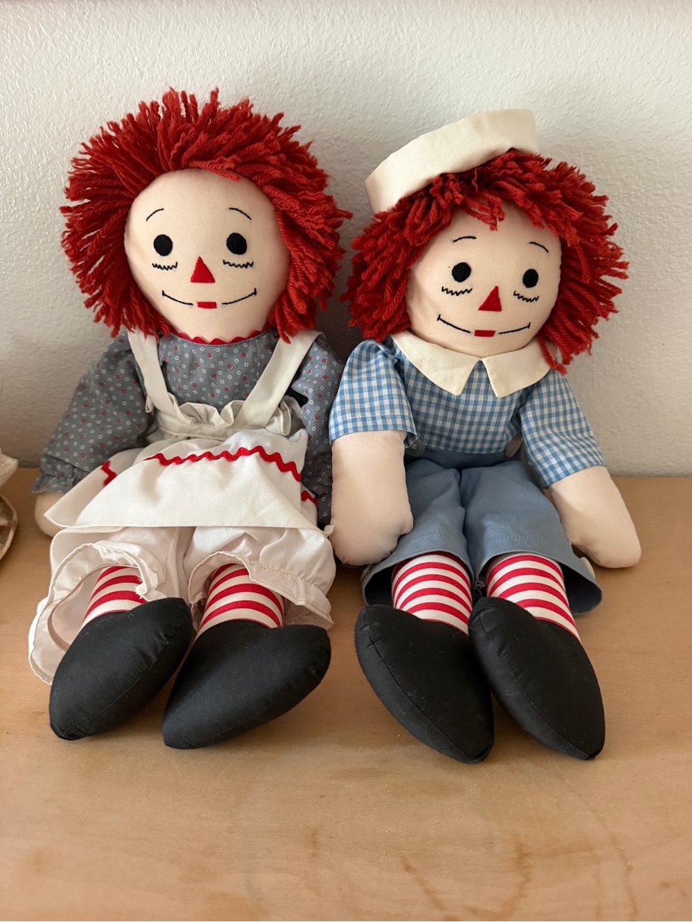 Pair of Raggedy Ann & Andy Cloth Dolls with Red Yarn Hair vintage